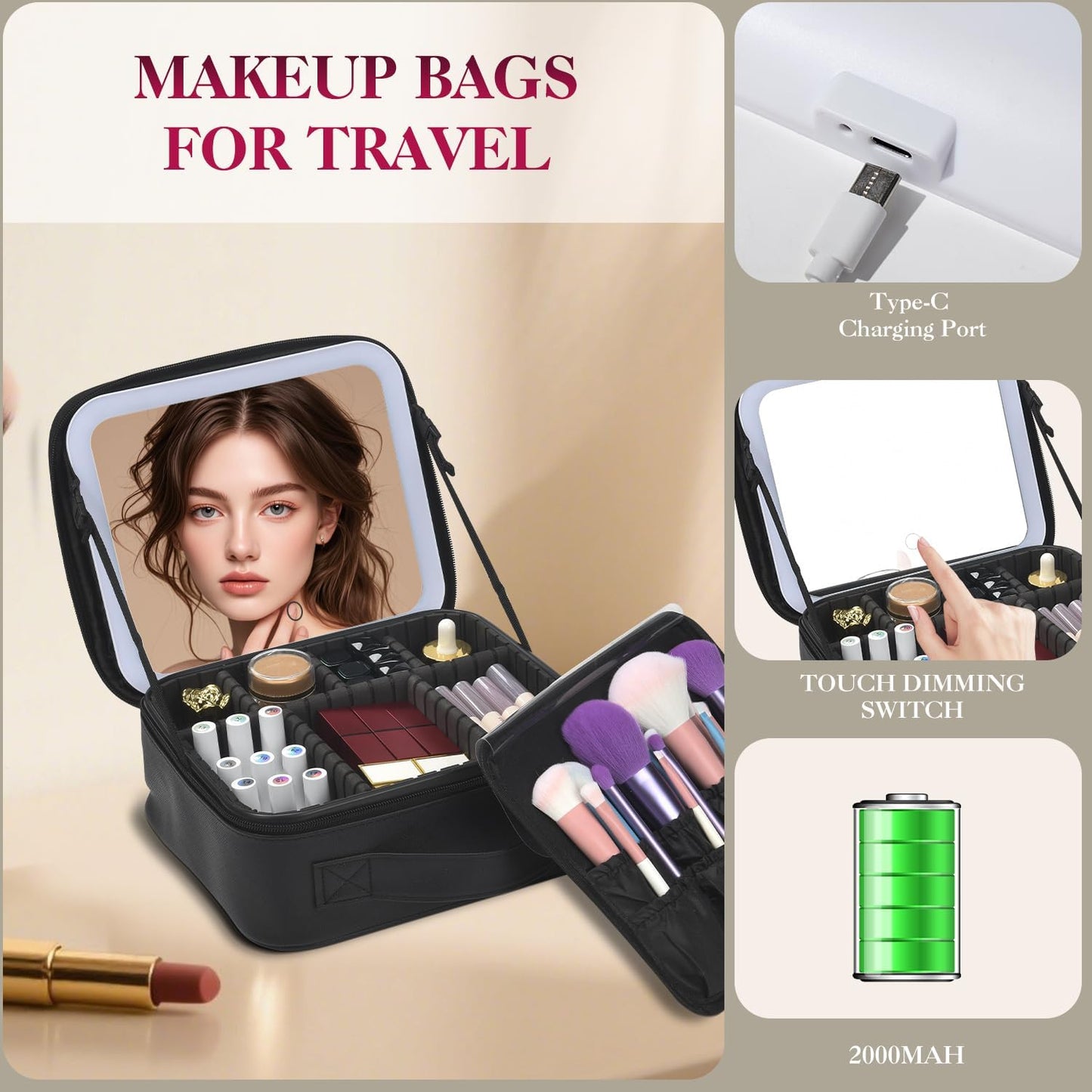 Travel Makeup Bag With LED Mirror,Cosmetic Train Case with 3 Color Setting,Cosmetic Makeup Organizer Bag with Adjustable Dividers,Portable Make up Box with Make up Brushes Holder Storage（Black）