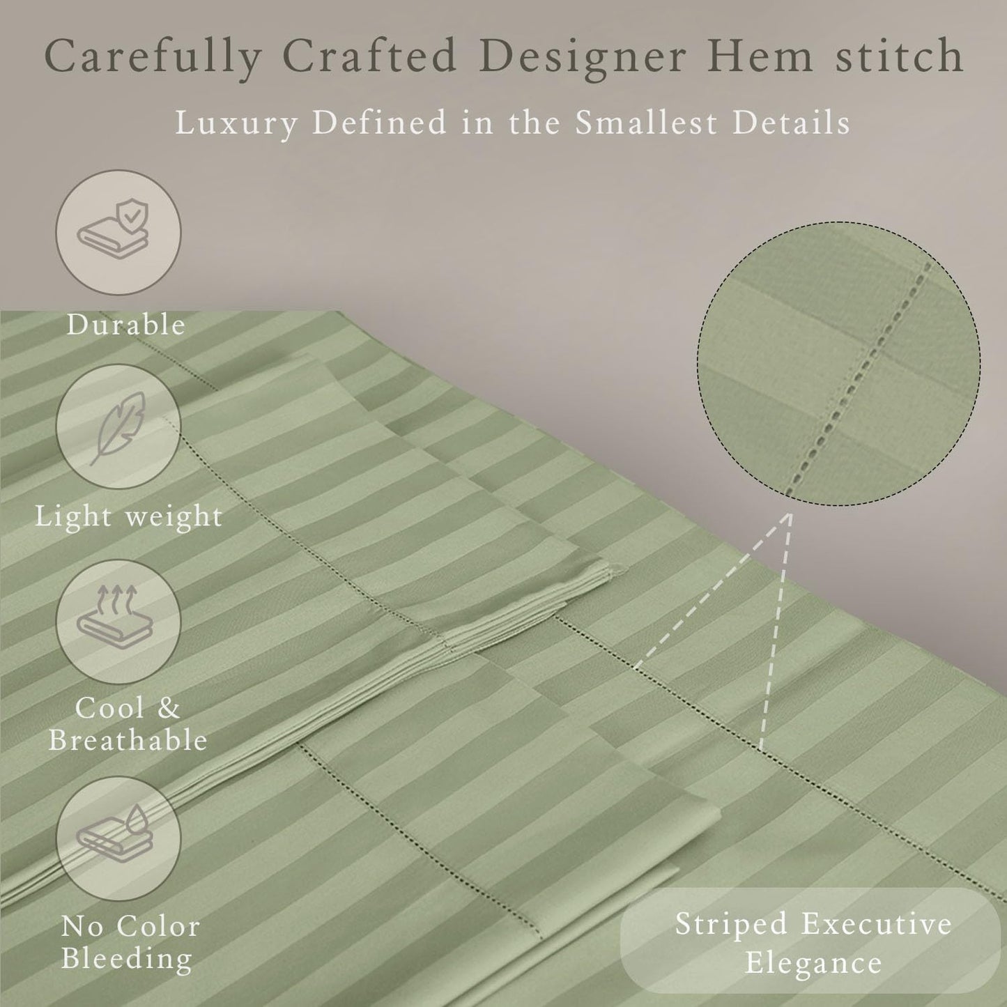 Threadmill 500 Thread Count Full-Size Damask Stripe, 4 Pc Luxury Cotton Bedding Set, Breathable Sage Green Sheets with 16" Elasticized Deep Pocket, 2 Pillowcases & Free Tote Bag