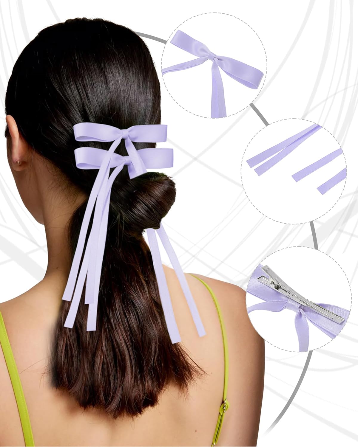 6Pcs Tassel Ribbon Hair Accessories for Women and Girls - Bowknot Clips with Long Tails in Assorted Colors (Blue/Pink/White/Beige/Purple/Red)