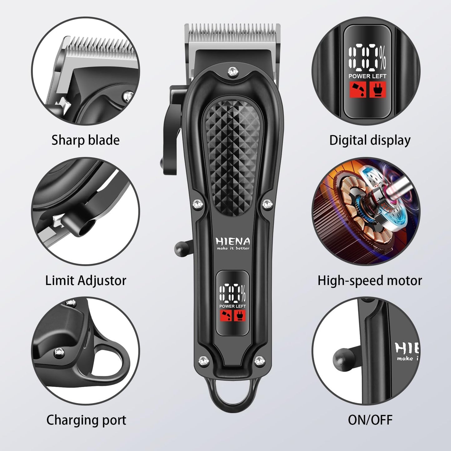 HIENA PRO Professional Hair Clippers for Men, Cordless&Corded Barber Clippers for Hair Cutting, Rechargeable Beard Trimmer, LED Display, Gifts for Men (Black)