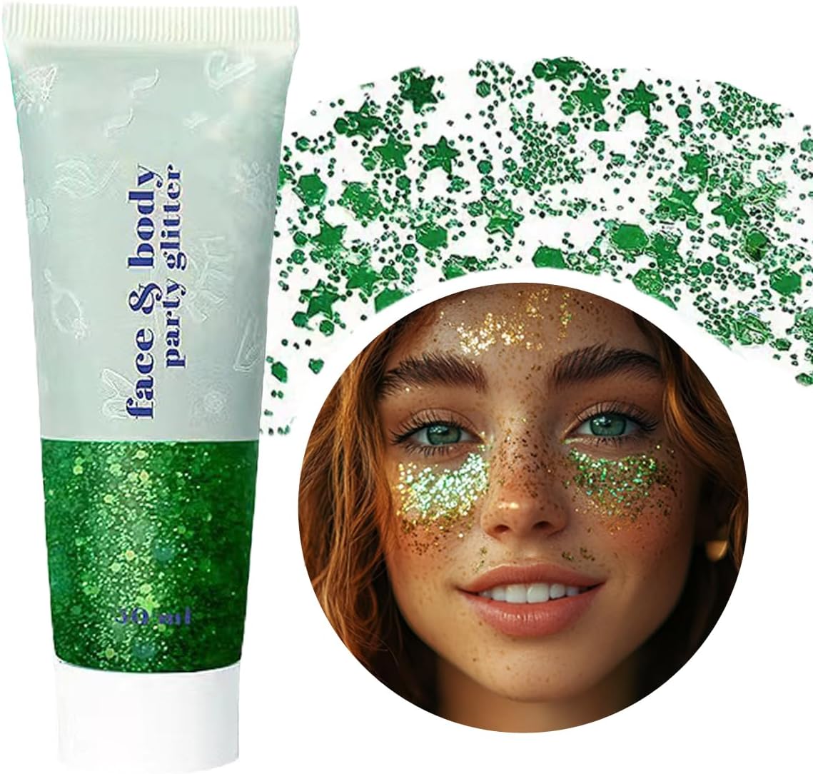 St Patricks Day Accessories Green Face Glitter Gel,St Patrick's Day Outfit for Women,Hair Glitter Green Face Paint Singer Concerts Festival Body Glitter,Sequins Face Glitter Makeup,50 ML