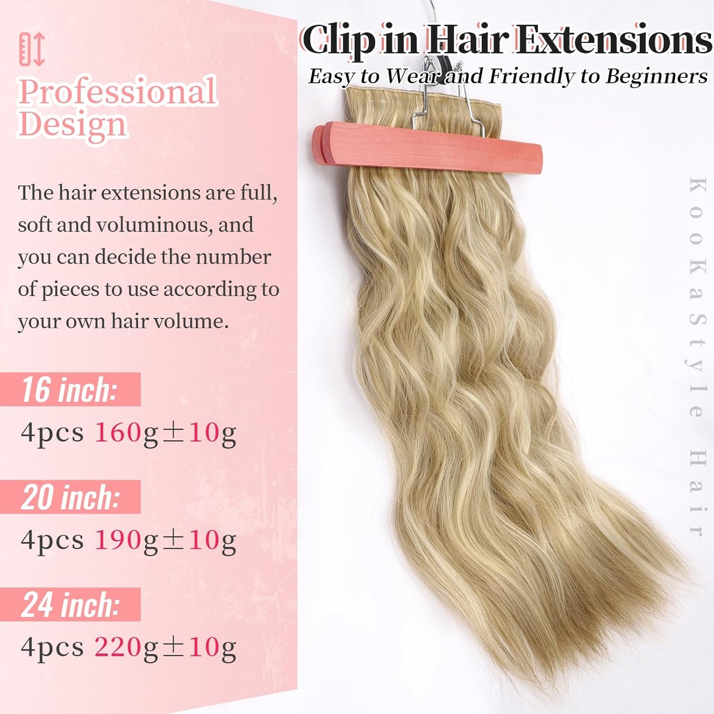 KooKaStyle Beach Blonde Hair Extensions Clip in Synthetic Highlight Hair Extensions Long Wavy 4PCS Thick Hairpieces 20 Inch for Women