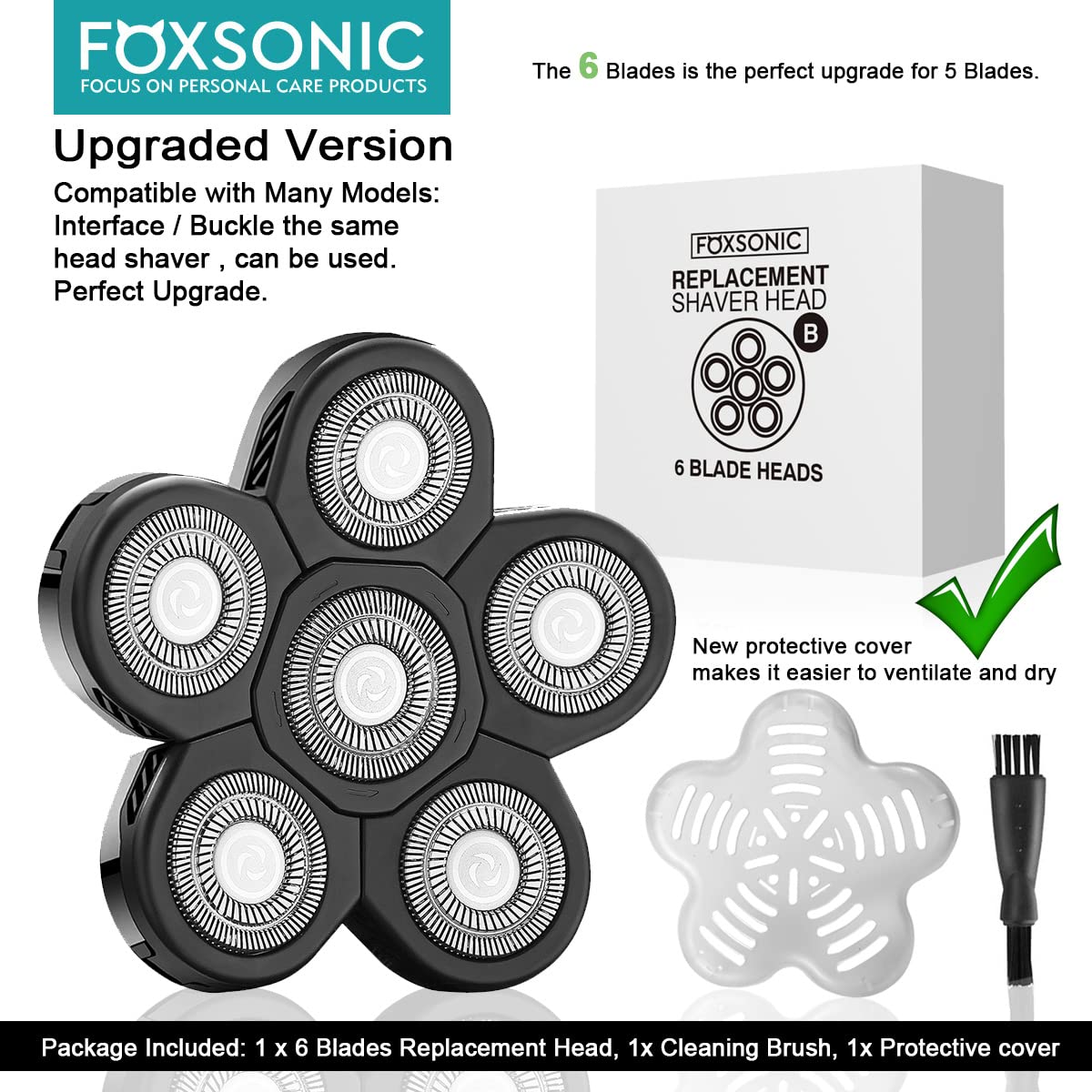 Universal 6 Blade Replacement Heads for Mainstream Shaver Brands, Bald Shaver Replacement Heads with Blade Cover (Black)