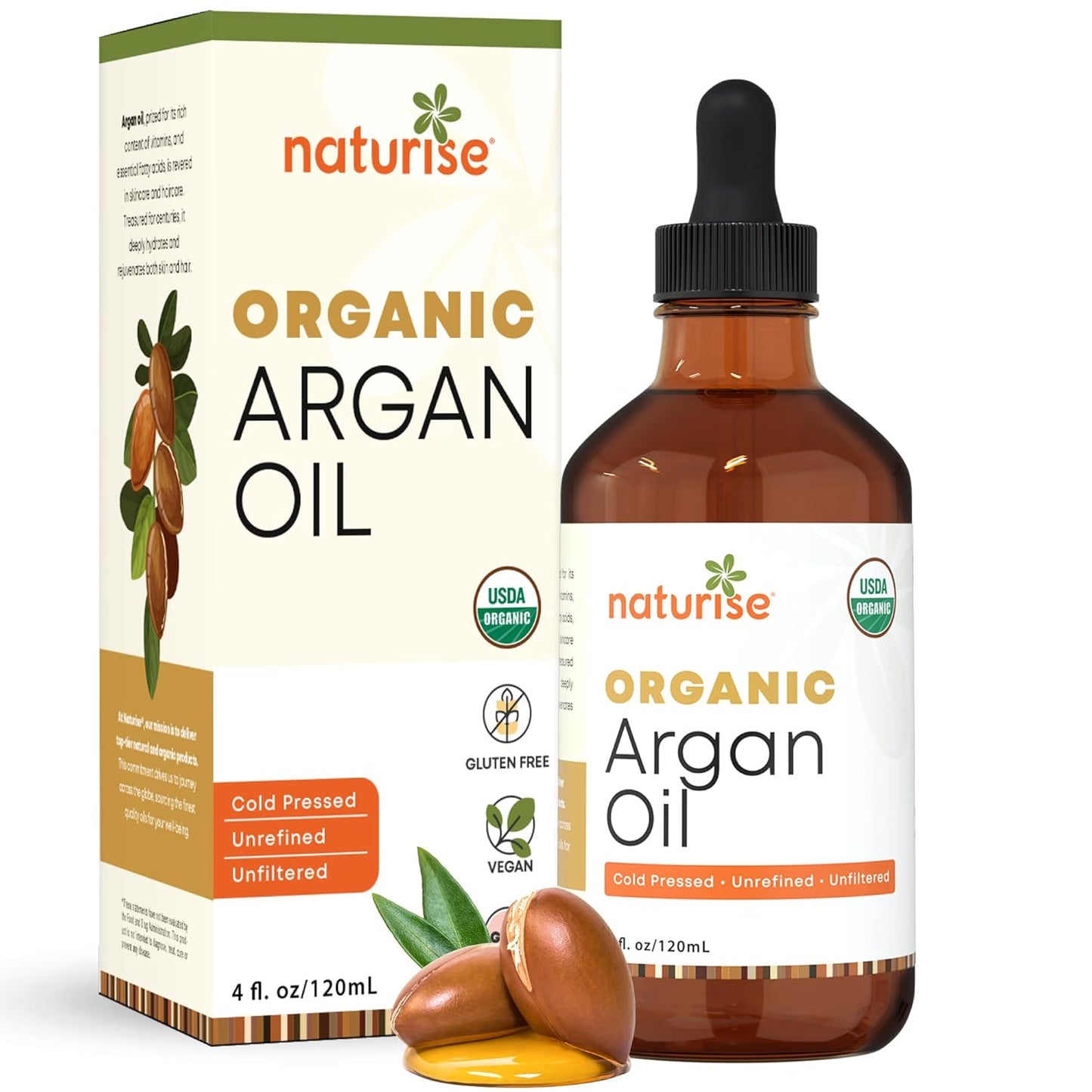 USDA Organic Argan Oil for Hair & Skin – 100% Pure Argan Oil of Morocco for Face, Skin Moisture & Hair Growth – Vegan, Non-GMO, Cold Pressed & Unrefined Oils in Glass Bottle (4 fl. oz.)