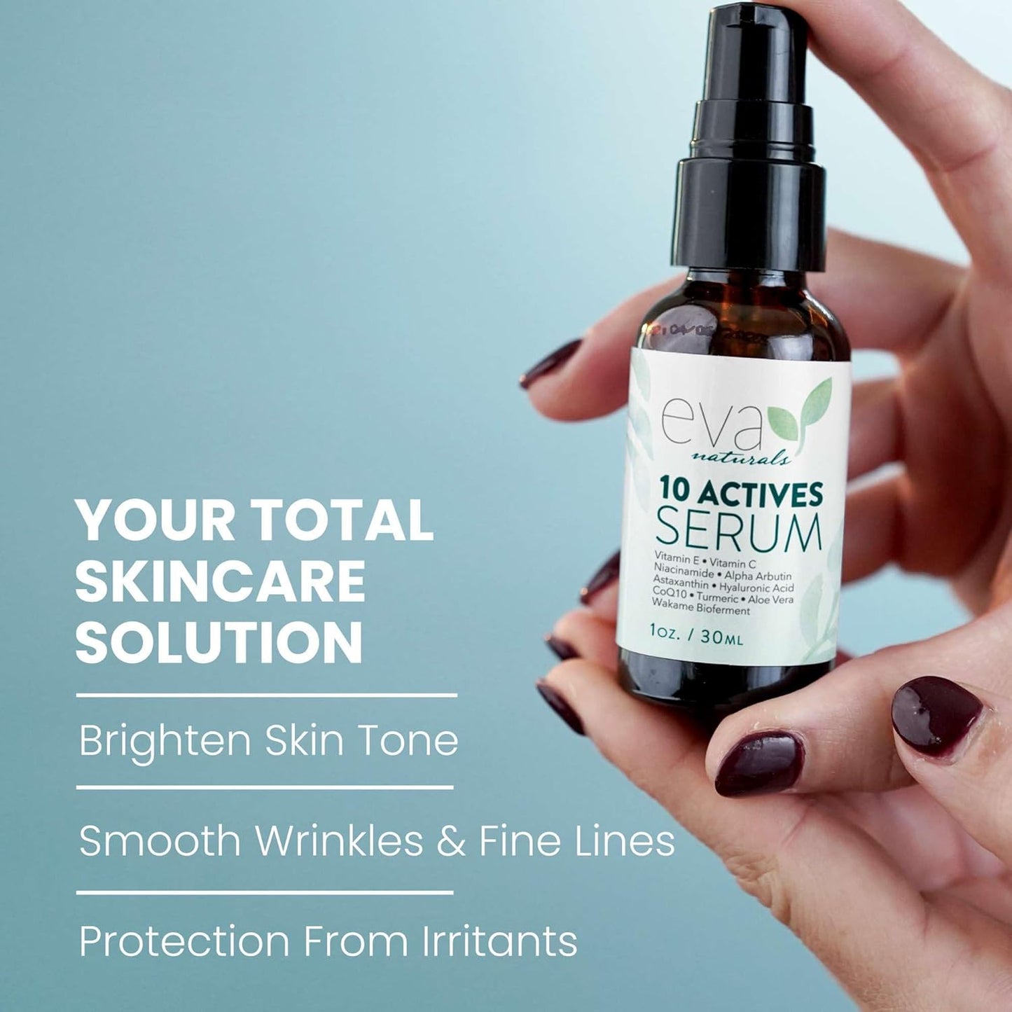 Eva Naturals 10 Actives Serum – Vitamin C, Niacinamide, Hyaluronic Acid, Turmeric, CoQ10 – Natural Anti Aging Face Serum for Dark Spots, Wrinkles, Acne, Skin Care & Facial Spot Remover