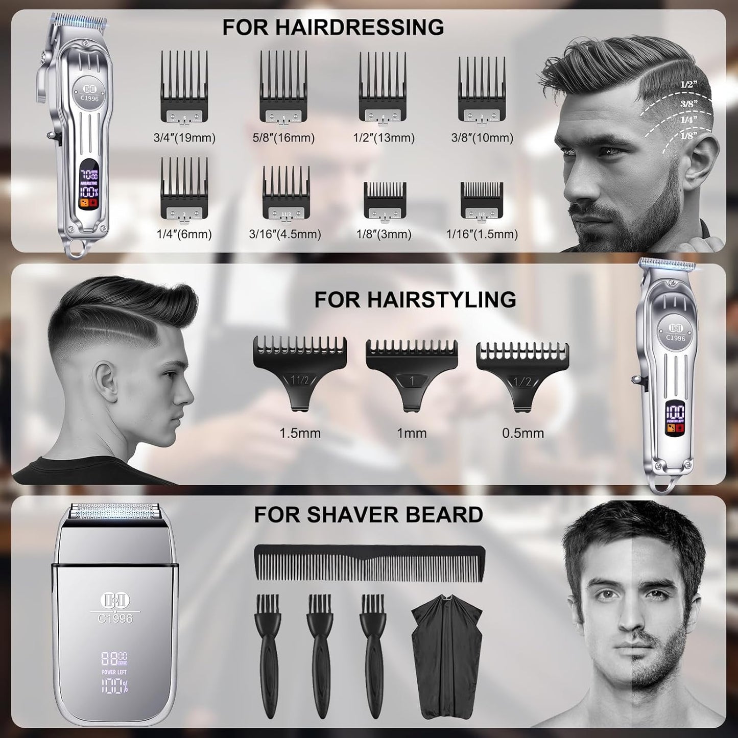 CIICII Mens Hair Clippers and Trimmers Set, Professional Cordless Barber Clippers for Hair Cutting Kit (Electric Razor Shavers & Beard/Hair Trimmer Haircut Kit) Clippers for Men DIY Home Salon