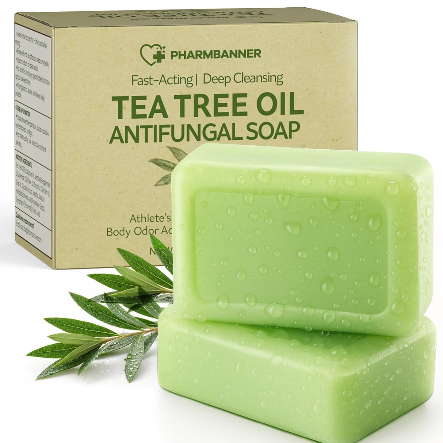 Tea Tree Antifungal Soap Bar – Body Wash for Face & Body Acne, Folliculitis, Jock Itch, Ringworm, Athlete’s Foot, Body Odor, Eczema – 2×4.1 oz