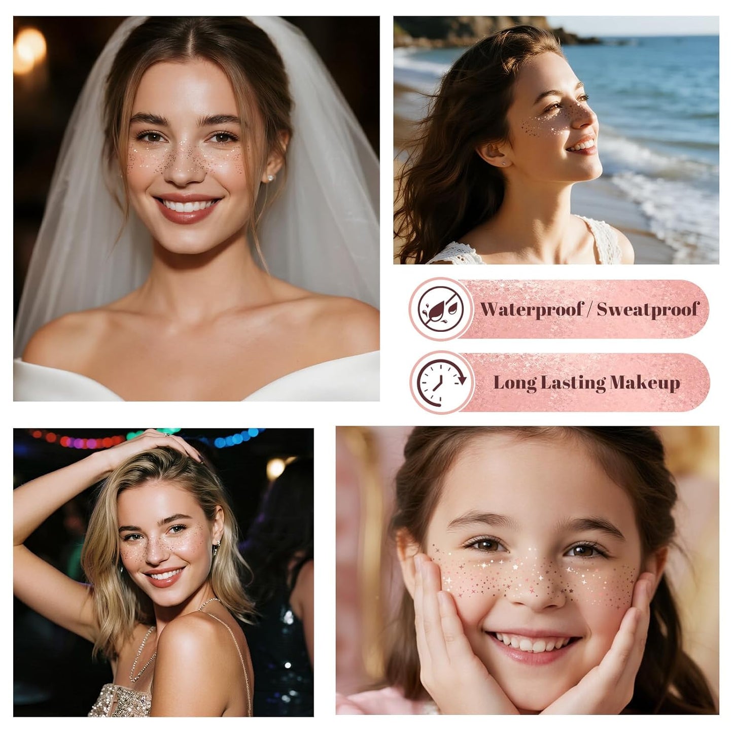 24pcs Glitter Freckles Face Tattoo - Rose Gold Face Sparkle Freckles Temporary Tattoos for Women Girls, Waterproof & Long Lasting Freckles Makeup Patches for Party, Concerts, Daily Accessories