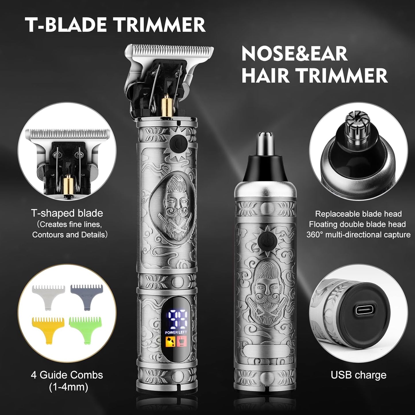 Professional Hair Clippers for Men,Hair Clippers+T-Blade Trimmer+Electric Shaver+Nose Hair Trimmer Set,4 in 1 Cordless Barber Hair Cutting Kit LCD Display Gifts (Gray)