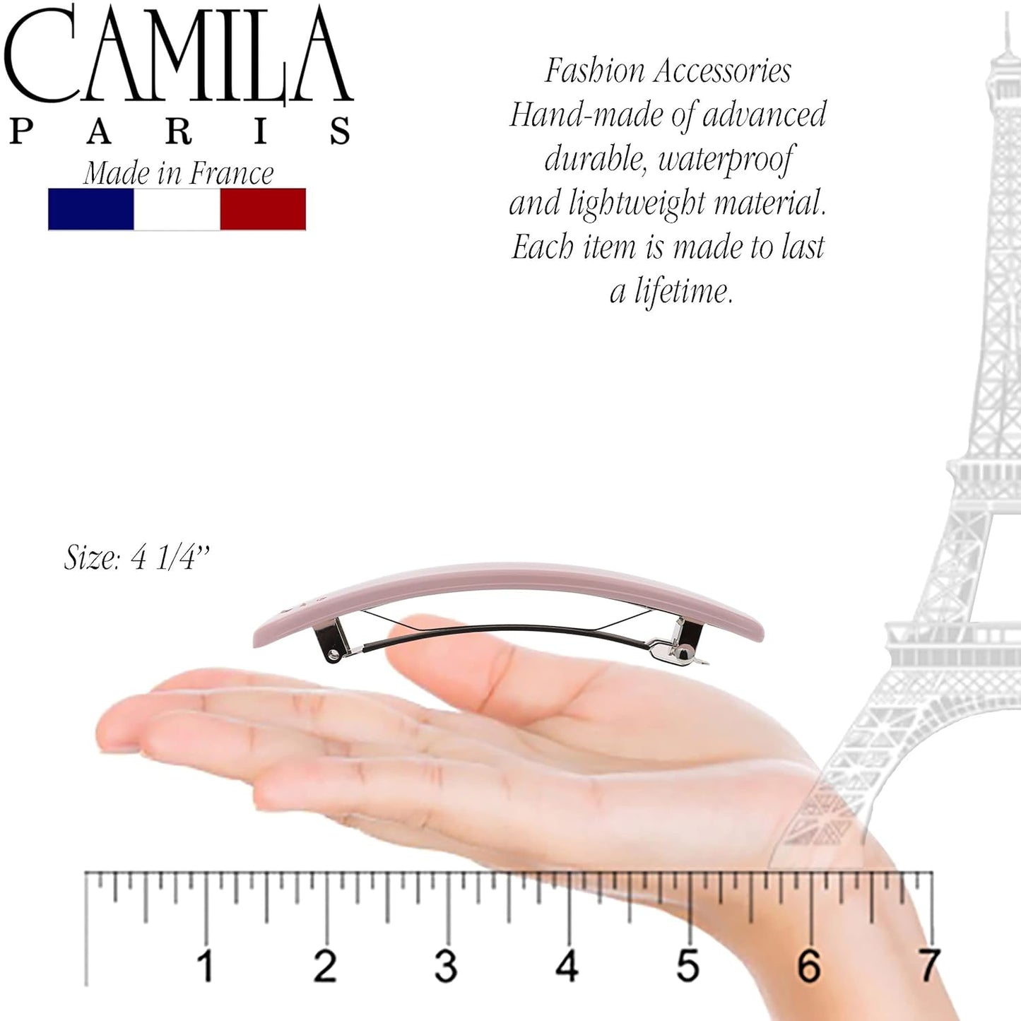 Camila Paris CP3446 French Hair Barrette Clip for Girls, Pink, Rubberized Automatic Clasp Strong Hold Grip Hair Clips for Women, No Slip and Durable Styling Girls Hair Accessories, Made in France