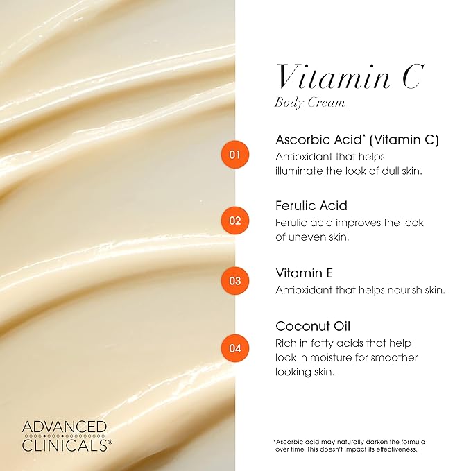 Advanced Clinicals Vitamin C Cream Visibly Brightening Body Lotion | Vitamin C Moisturizer Skin Care Body Cream For Women & Men Helps Visibly Improve Look Of Dark Spots & Uneven Skin Tone, 16 Ounce