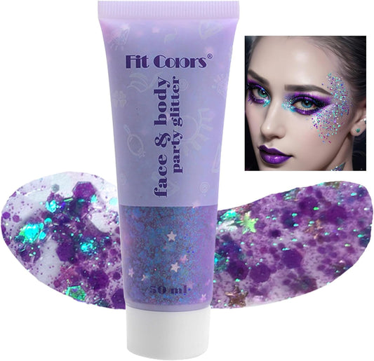 Light Purple Body Glitter, Mardi Gras Outfit for Women and Kids,Sparkly Holographic Party Festival Rave Mardi Gras Accessories for Carnival,Chunky Holographic Face Glitter Makeup