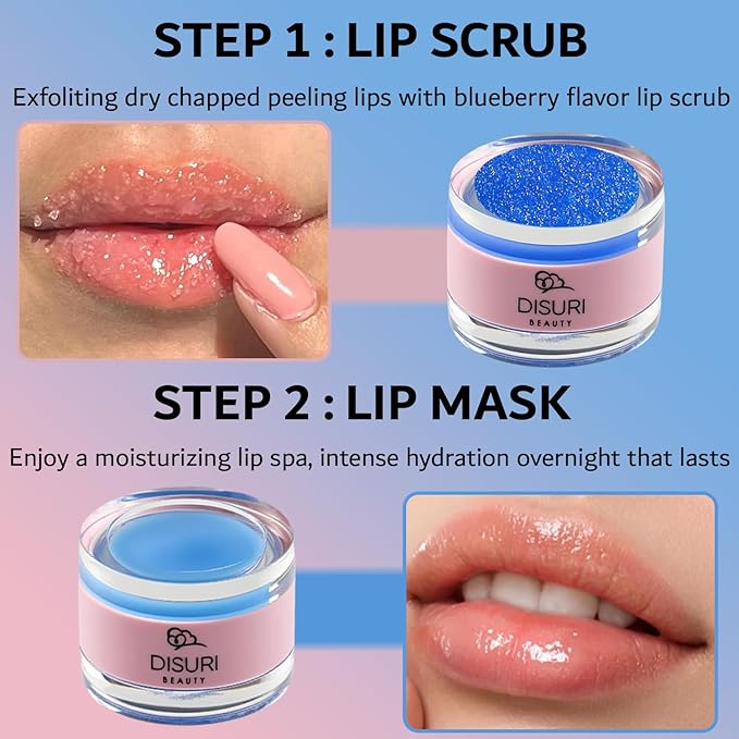 Lip Mask and Lip Scrub Set - Moisturizing Lip Scrub for Exfoliating and Smoothing Lips, Cruelty-free - Improves Texture, Hydrates, and Softens Chapped, Dark Lips Skin - (Blueberry)