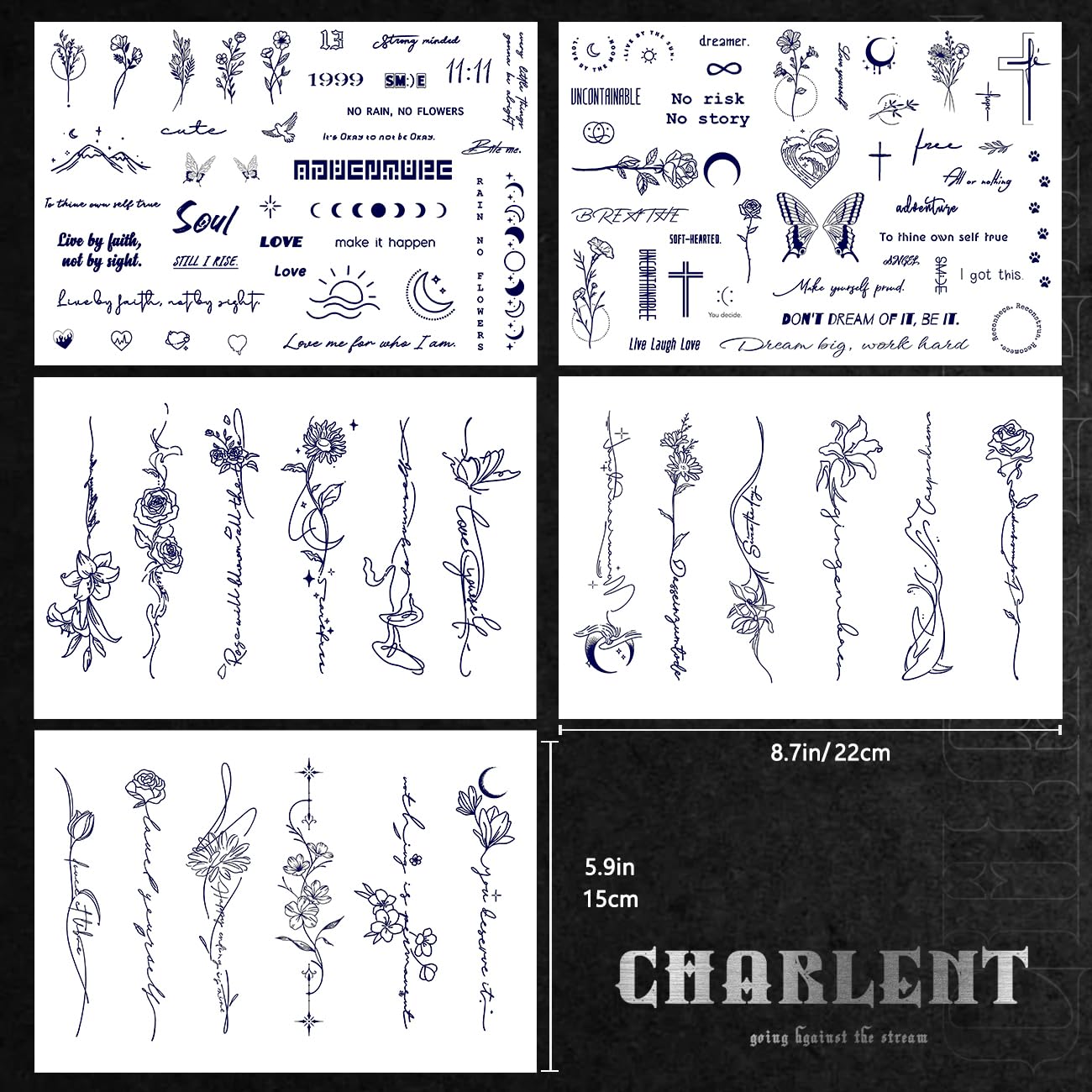 CHARLNET Semi-Permanent Tattoos for Adult - 2 Weeks Long Last Small Flower Words Tattoos for Women Men Hand Neck Body/Fades Naturally/No Reflection/Waterproof/Realistic, Minimal Line Art