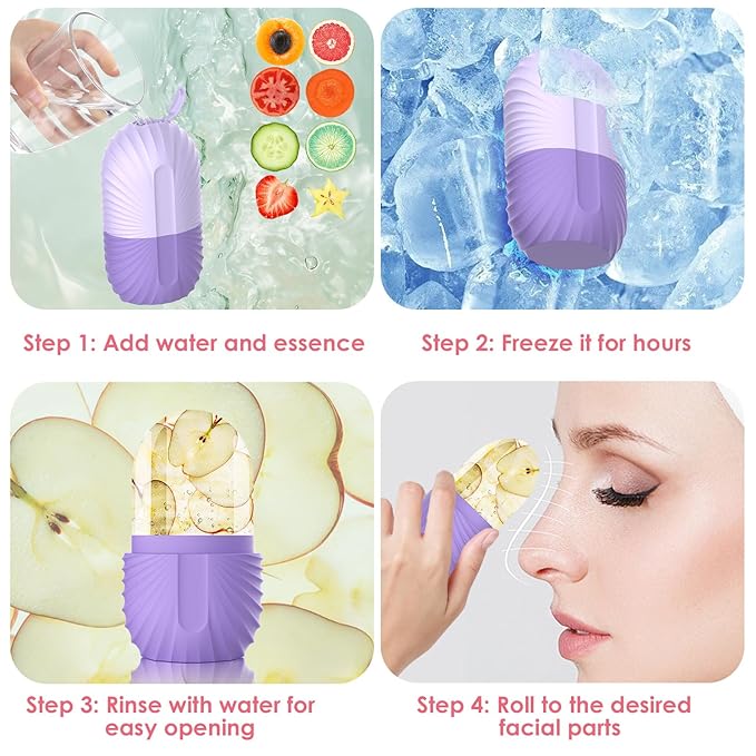 Ice Face Roller, Silicone Facial Ice Roller, Reusable Skin Care Massager Tools for Relieve Puffiness, Tighten Skin, Shrink Pores Shell Purple