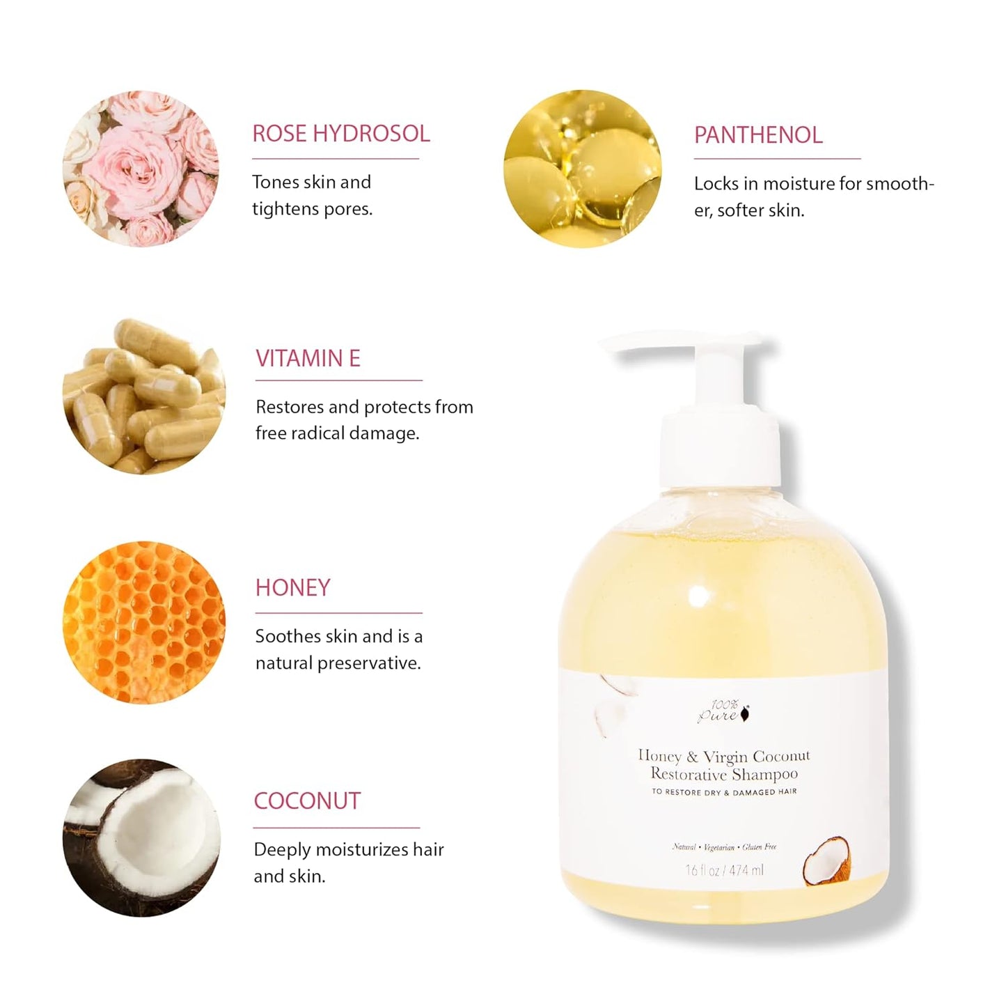 100% PURE Honey & Virgin Coconut Restorative Shampoo & Cleansing Detox Helps Restore Damaged Hair, Replenish Moisture & Body Healthy Hair Growth for Women & Men - Sulfate Free - 16 Fl Oz