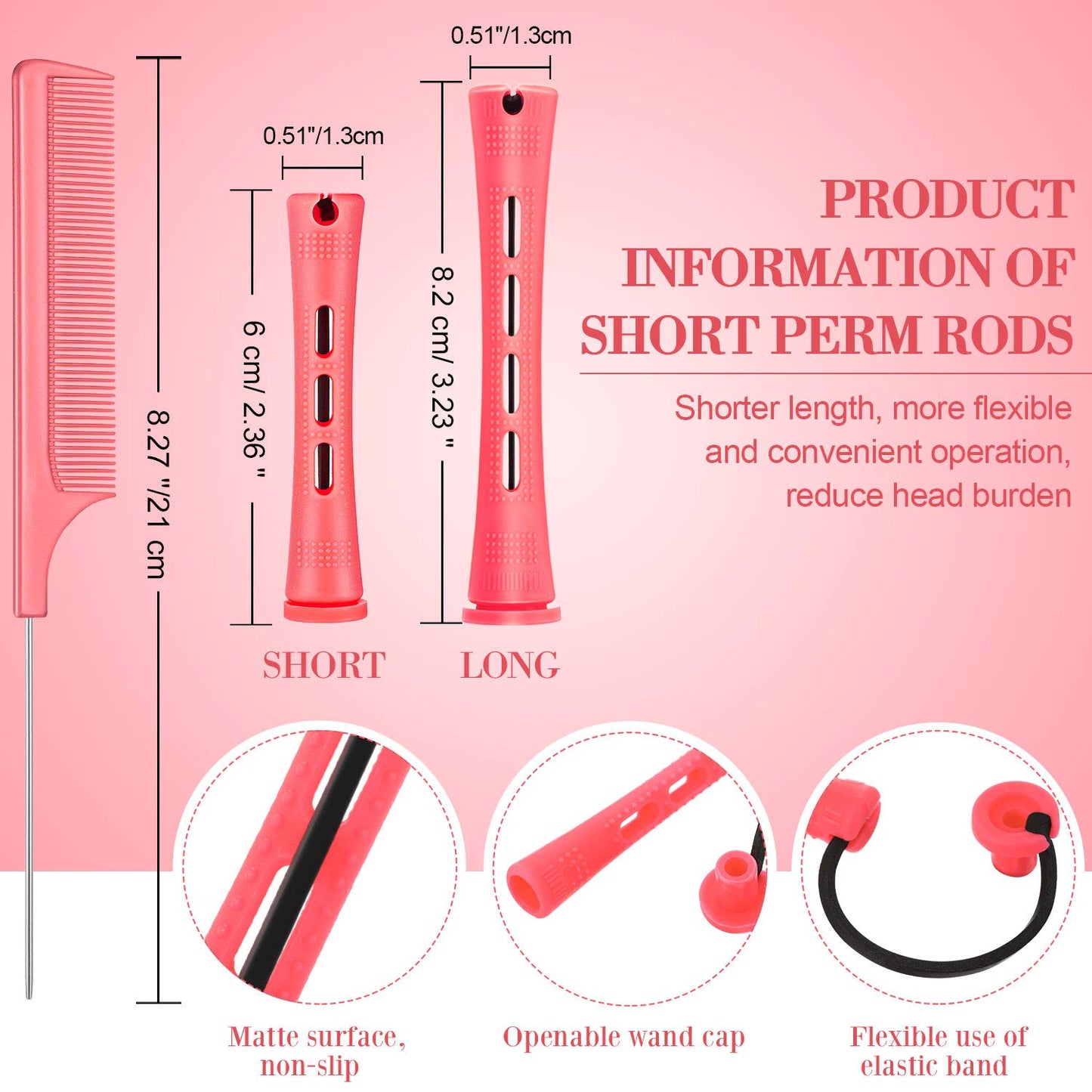48 Pieces Hair Perm Rods Short Cold Wave Rods Plastic Perming Irons Hair Curling Rollers Curlers with Steel Pintail Comb Rat Tail Comb for Hairdressing Styling Supplies(0.51 Inch,Pink)