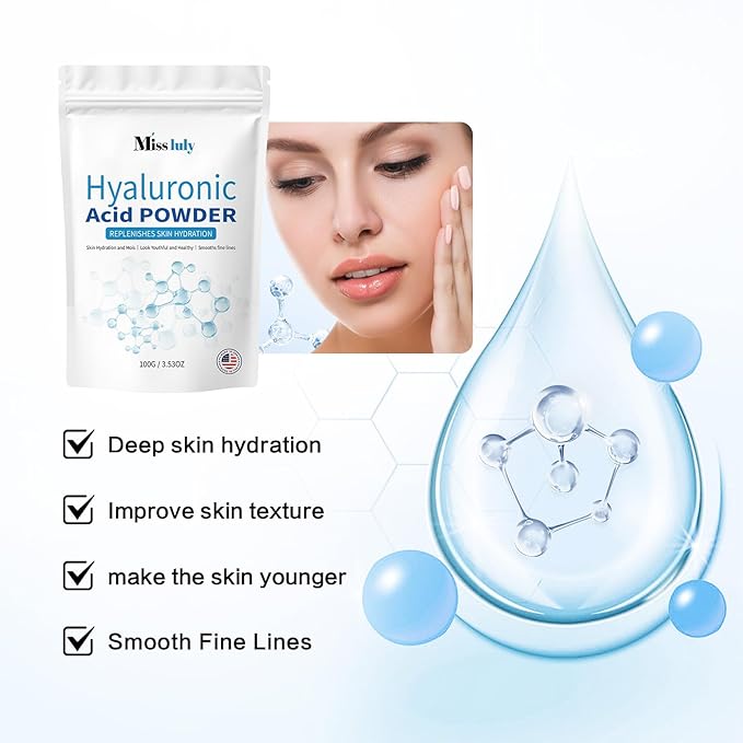 New Hyaluronic Acid Powder for Deep Hydration, Improve Skin Texture | Vegan, Water Soluble | 100G
