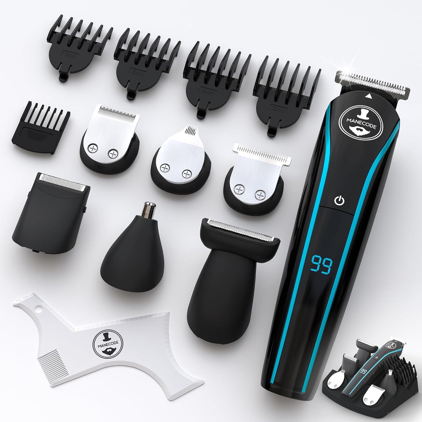 MANECODE® 11-in-1 Beard & Hair Trimmer for Men – Self-Sharp Blades® USB-C, Waterproof, LED Display Multi-Grooming Kit