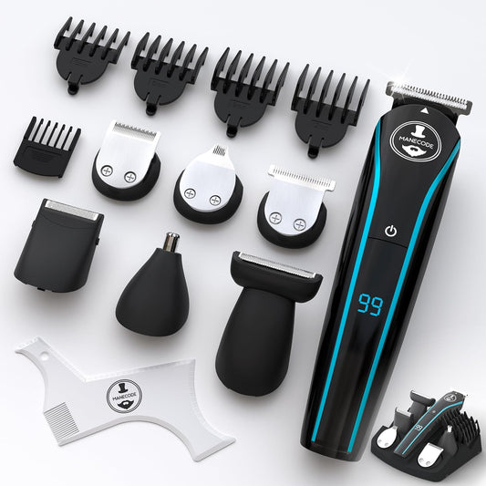MANECODE® 11-in-1 Beard & Hair Trimmer for Men – Self-Sharp Blades® USB-C, Waterproof, LED Display Multi-Grooming Kit