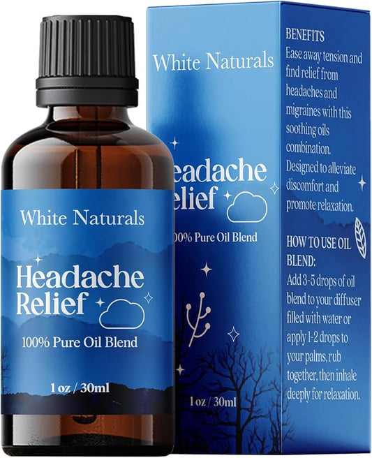 White Naturals Headache Relief Essential Oil Blend – Soothing Aromatherapy Oil for Tension & Headache Relief, 100% Pure & Natural Essential Oils for Calm & Relaxation, 1oz