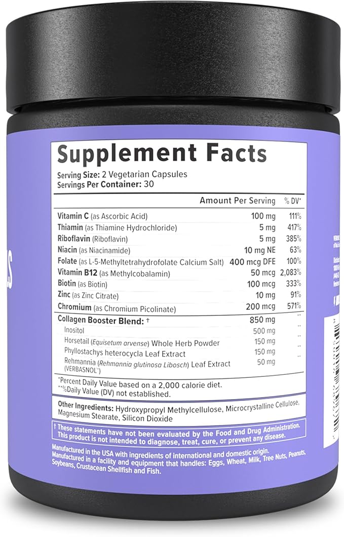 InnoSupps Hair + Skin + Nails Supplement | Vegan Collagen Booster | Biotin, B12, Horsetail Herb Powder | Stimulate Hair Growth, Revitalize Skin, Strengthen Nails | 60 Capsules