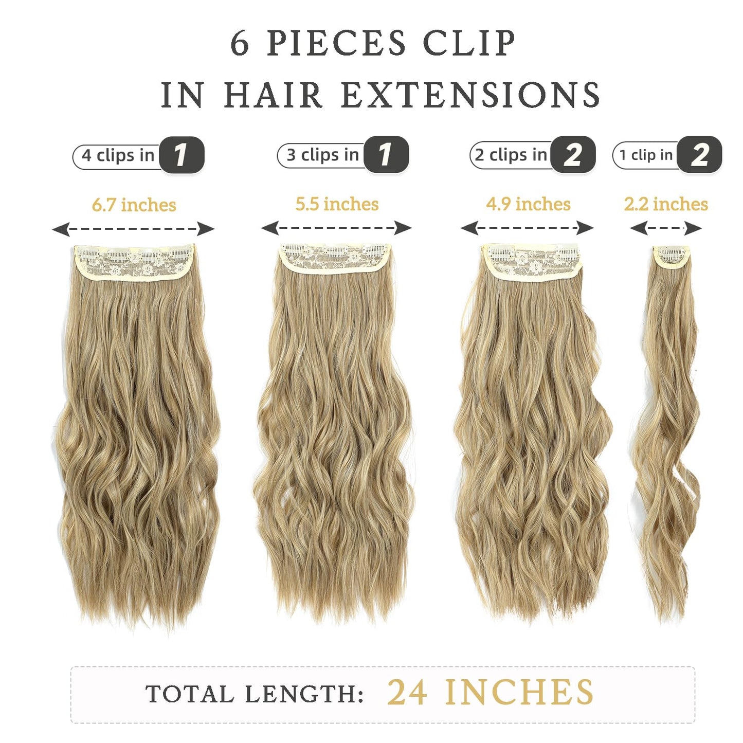 Clip in Hair Extensions, 6 PCS Natural & Soft Hair & Blends Well Hair Extensions, Long Wavy Hairpieces(24inch, 6pcs,Mixed Dirty Blonde)