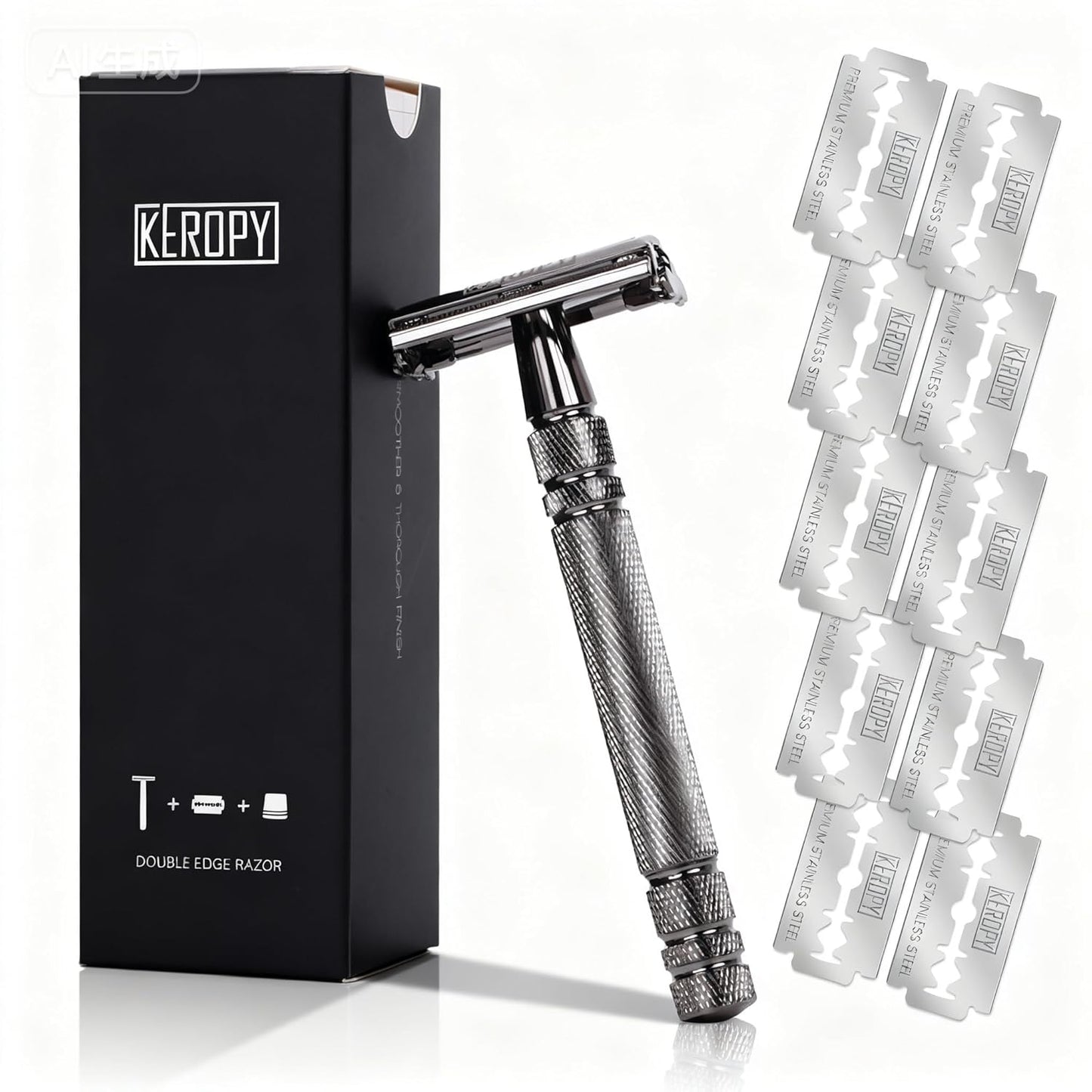 Double Edge Safety Razor for Men, Butterfly Open Comb Design with 10 Superior Blades - Stainless Steel Razor for Close Smooth Shave, Quick Charge for Modern Men, All-in-One, Eco-Friendly - Gloss Black