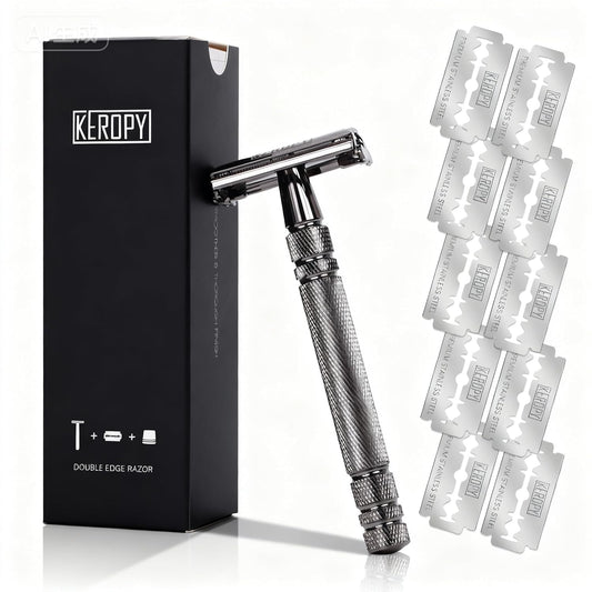 Double Edge Safety Razor for Men, Butterfly Open Comb Design with 10 Superior Blades - Stainless Steel Razor for Close Smooth Shave, Quick Charge for Modern Men, All-in-One, Eco-Friendly - Gloss Black