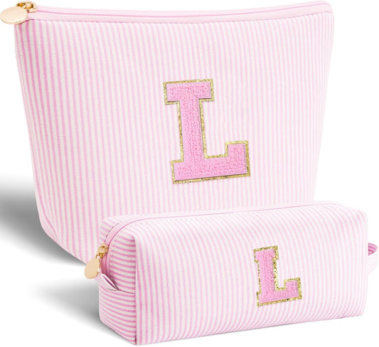 Dance Recital Gifts for Girls - Cosmetic Bag for Teen,Initial Cute Makeup Bag Set for Women,Trendy Pouch for Niece Sister Friend Female Her,Birthday Gifts for Daughter - Pink,L