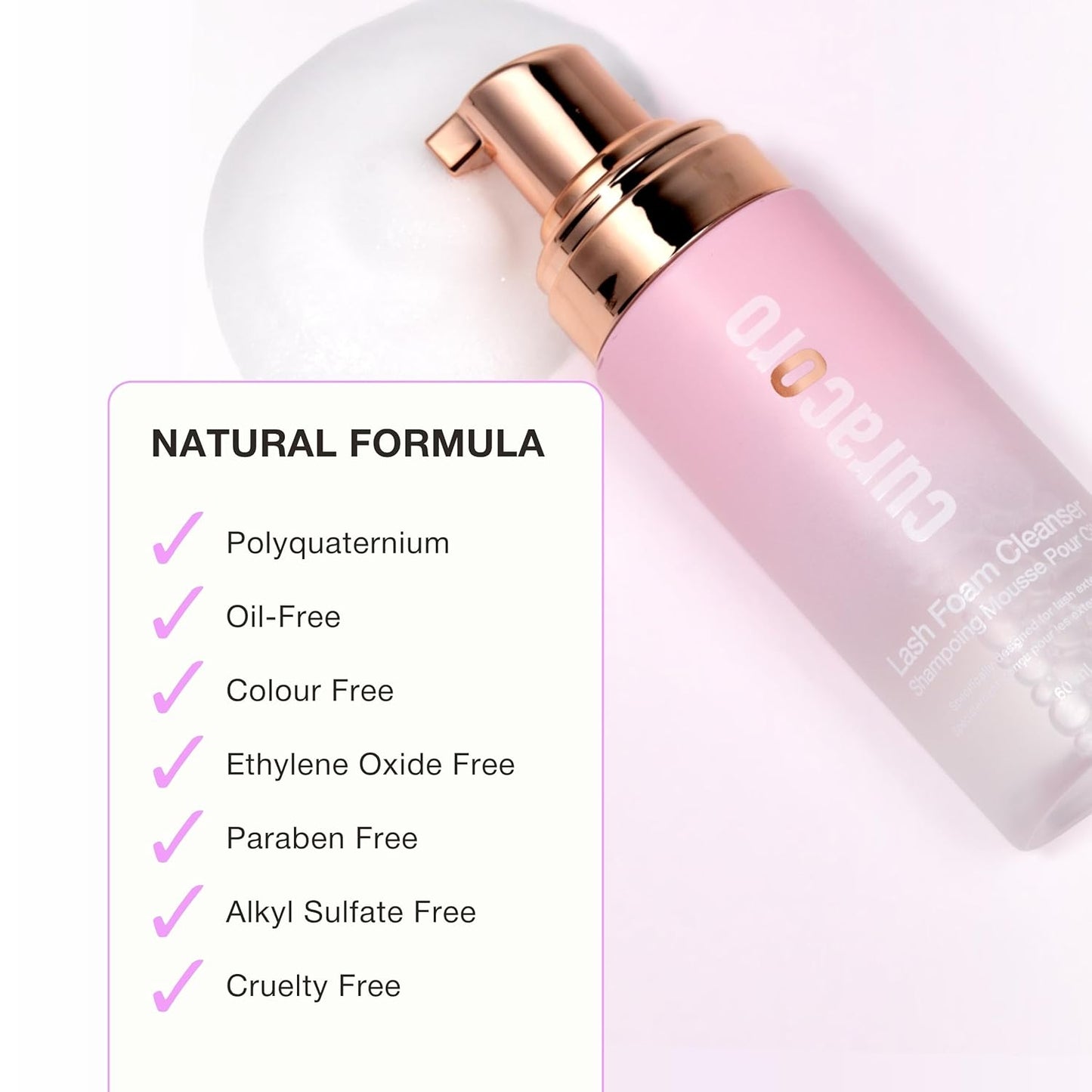 CURACORO 60ML Eyelash Extension Cleanser (Rose Scented) - Lash Shampoo for Lash Extensions, Eyelash Extension Foam Cleanser for Sensitive Skin, Removes Waterproof Makeup for Professional & Home Use