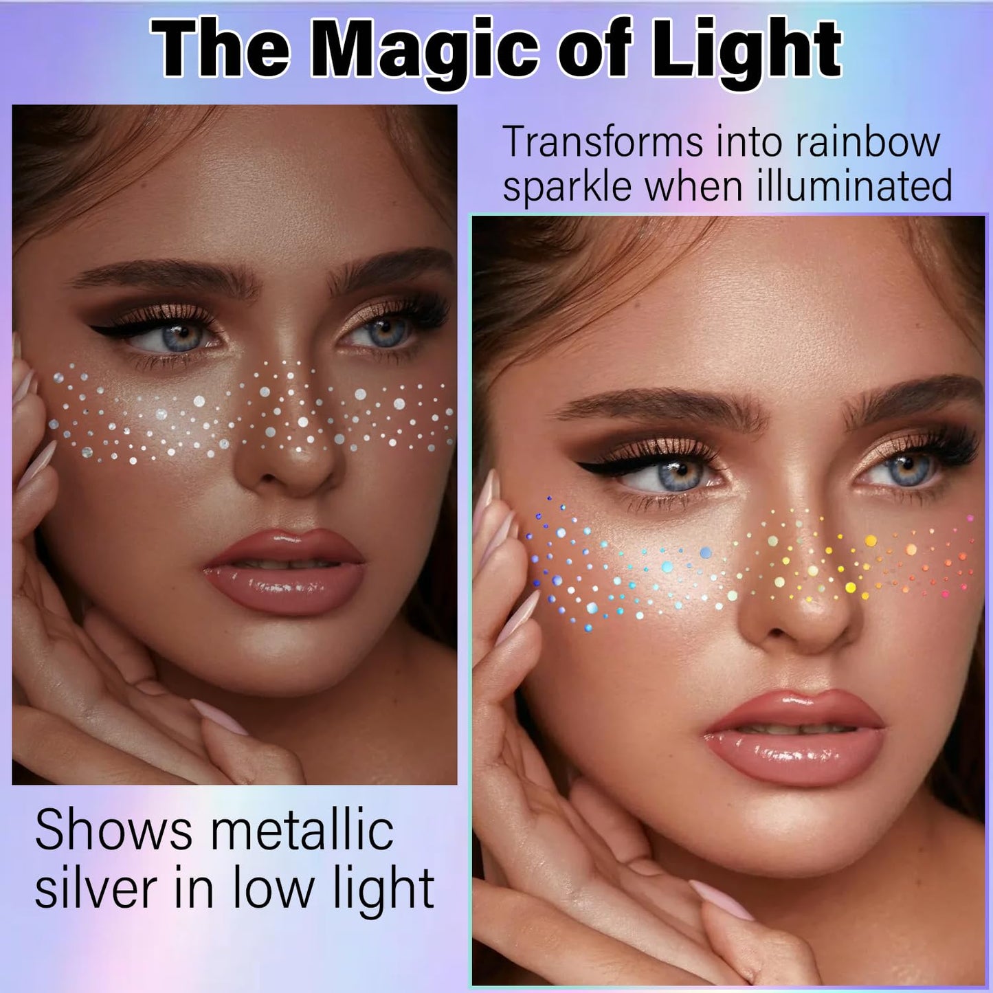 10 Pcs Face Holographic Laser Makeup Patches, Holographic Multichrome Glitter Freckles Face Tattoo, Glitter Freckles, Sparkle and Waterproof Face Glitter Speckles Patches for Women