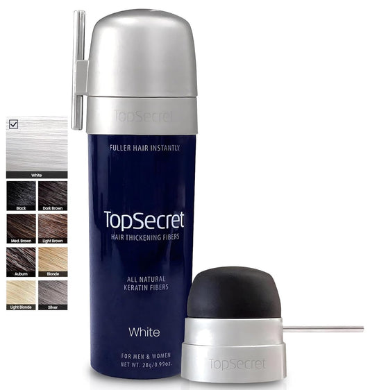 Top Secret Hair Thickening Building Fibers Applicator Included - Undetectable & Natural Hair Filler - for Men & Women - Instantly Fill In Fine Thinning Hair - Weather & Sweat Resistant (White, Large)