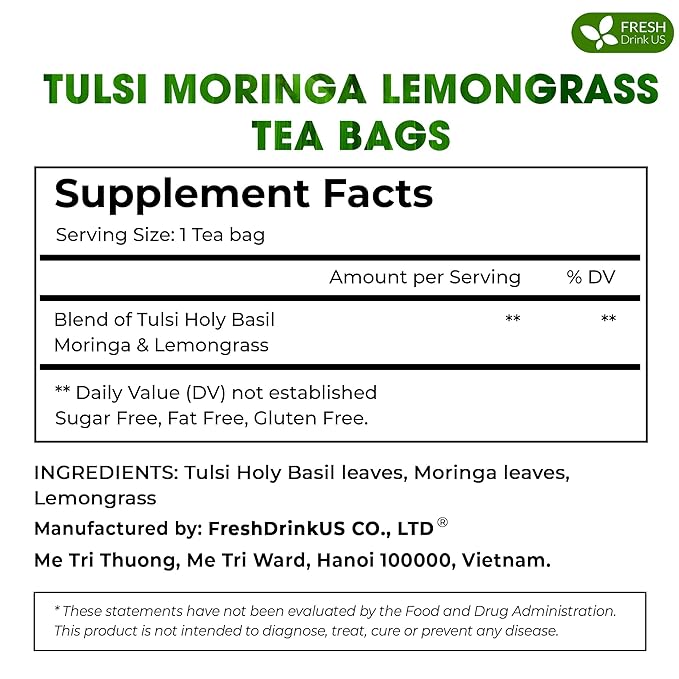 FreshDrinkUS, Premium 30 Tea Bags Tulsi Moringa Lemongrass, 100% Natural & Pure from Tulsi Holy Basil Leaves, Moringa & Lemongrass. Made with Natural Material Tea Bags. No Sugar, No Caffeine, Vegan.