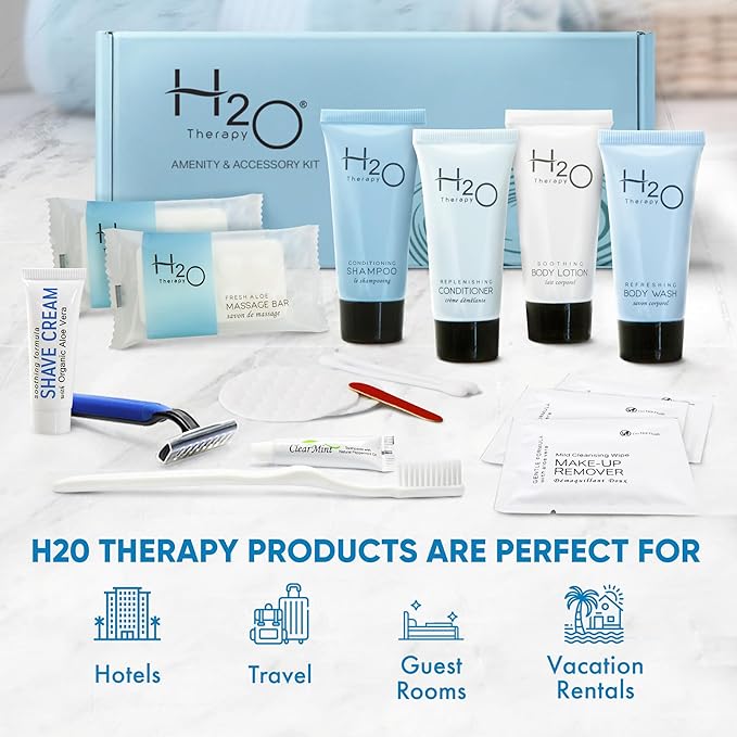 H2O Therapy Amenity & Accessory Kit | 0.85 oz Travel Size Shampoo, Conditioner, Lotion, Body Wash, Massage Bar, Cleansing Bar, Shave & Dental Sets, Make-Up Remover Wipes, & Vanity Kit | 1 set per case