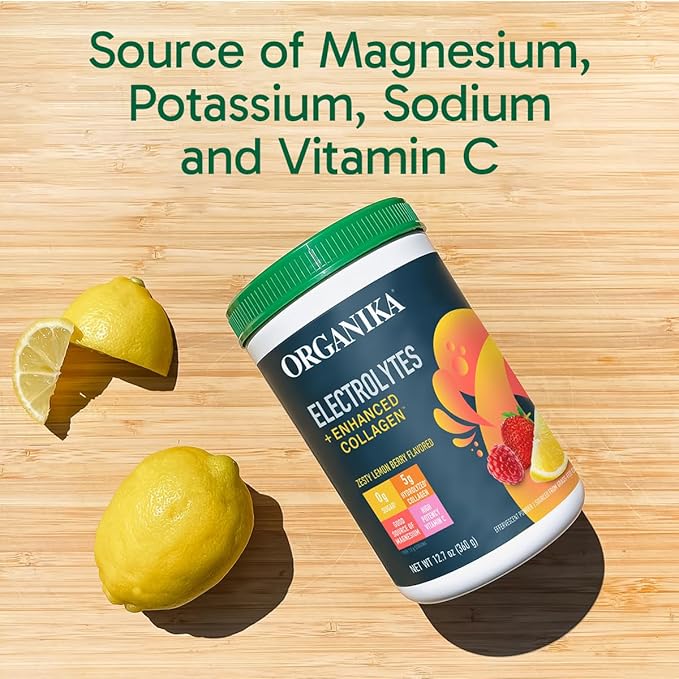 Organikа Electrolytes with Enhanced Collagen Powder for Women & Men - 360g - Zesty Lemon Berry-Flavored Effervescent Electrolyte & Collagen Drink Mix - Deep Hydration, Mobility, Skin, Hair, & Nails
