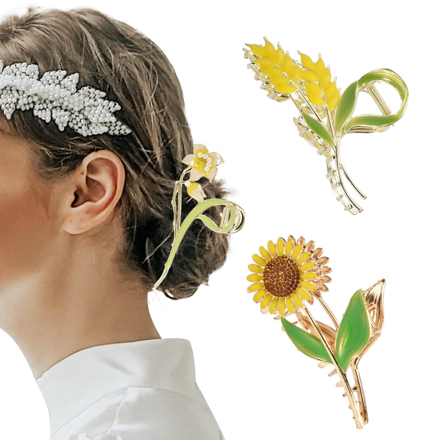 3-Piece Floral Metal Hair Clips, Sunflower Lily Wheat Designs for Thin/Medium Thick Hair, Elegant Barrettes With Strong Hold Non-Slip Clamps, Cute Catch Accessories