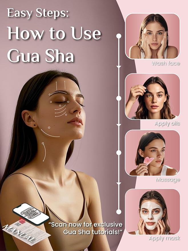 Rena Chris Gua Sha Facial Tools-Ergonomic Rose Quartz Gua Sha for Face Massage, Jawline Sculpting & Puffiness Reduction with Silicone Case (Pink)