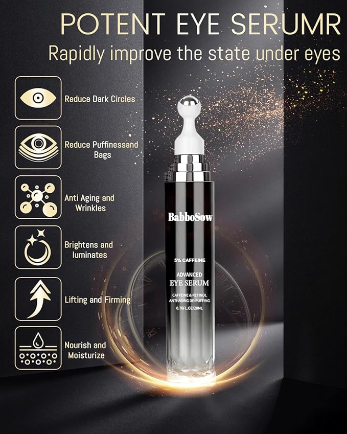 Caffeine Eye Cream and 24K Gold Eye Mask (20 pcs): Under Eye Serum for Dark Circles and Puffiness Eye Care Eye Serum Anti Aging with 360° Massage Ball Reduce Eye Bags, Wrinkles and Fine Lines