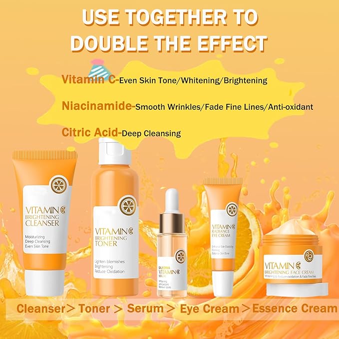 Vitamin C Skincare Set, 5Pcs Skin Care Sets for Women, Facial Kit, Vitamin C Face Skin Care Kit With Cleanser, Toner, Face Serum, Eye Cream, Cream, Long-Lasting Moisturizing Skincare Set