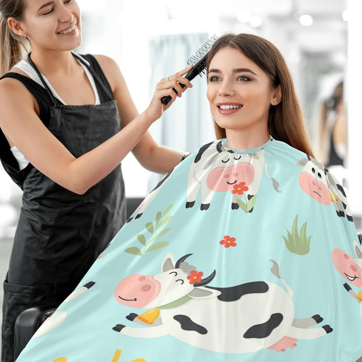 visesunny Barber Cape Cute Cow Character Polyester Hair Cutting Salon Cape Apron Anti-Static Haircut Water-Resistant Shaving Cloth Beard Shaving Bib Hairdressing Cape