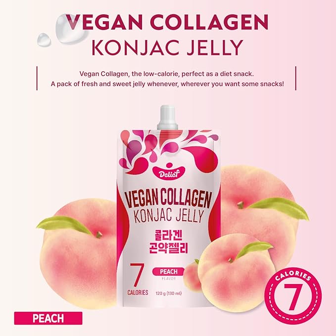 Vegan Collagen Konjac Jelly (Peach Flavor) 120g x 10 Packs – Low-Calorie Fruit Gel Snack, Gluten-Free, Plant-Based, 7 kcal per Pouch