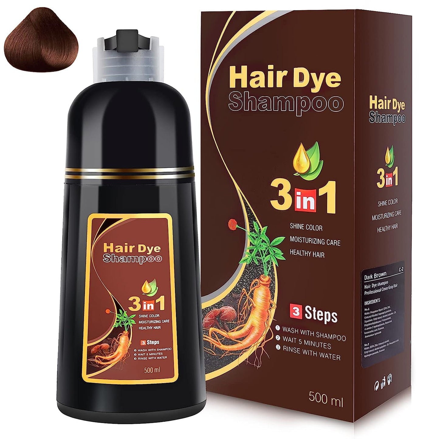 MEIDU Dark Brown Hair Dye Shampoo 3 in 1, Instant Hair Color Shampoo for Women Men, Herbal Ingredients Coloring in Minutes 500ML