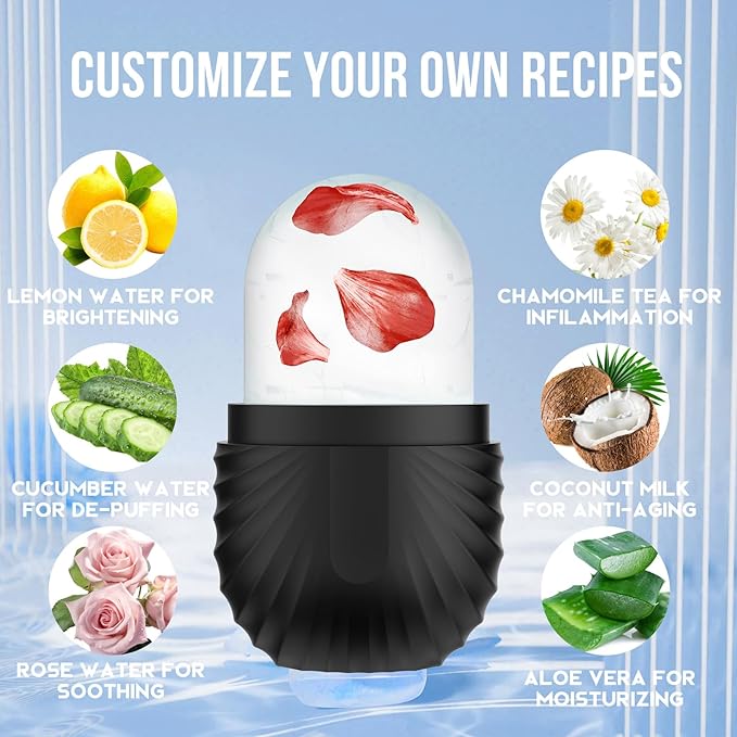 Ice Roller for Face and Eye, Reusable Silicone Ice Facial Roller Ice Holder, Face Ice Mold Skin Care, Ice Cube Roller for Shrink Pores Anti Wrinkle Reduce Puffiness, Black