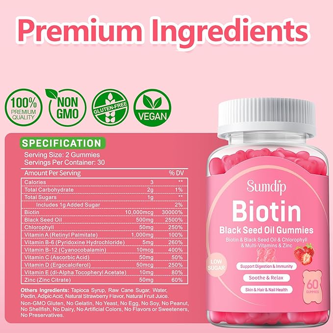 Black Seed Oil Gummies with Biotin, Immune Support Healthy Hair&Skin&Nails for Women and Men, Chlorophyll, Zinc, Vitamin A, B6, B12, C, D, E, Vegan Supplement - 60 Gummies