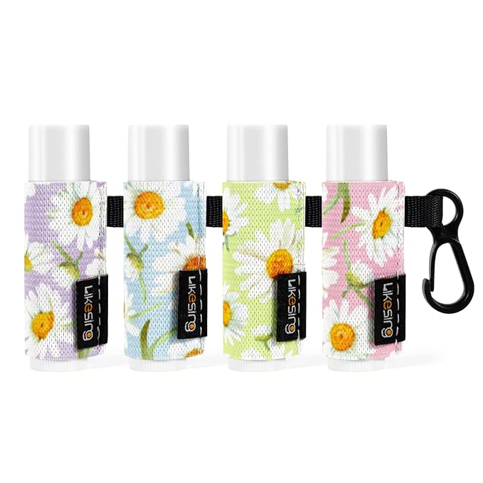 Chapstick Holder Key Chain, Lip Balm Holder for Chapstick Lip Gloss, Elastic Sleeve Chapstick Keychain Holder for Keys Purse Lanyard Gift for Women Girls (Daisy, 4pcs)