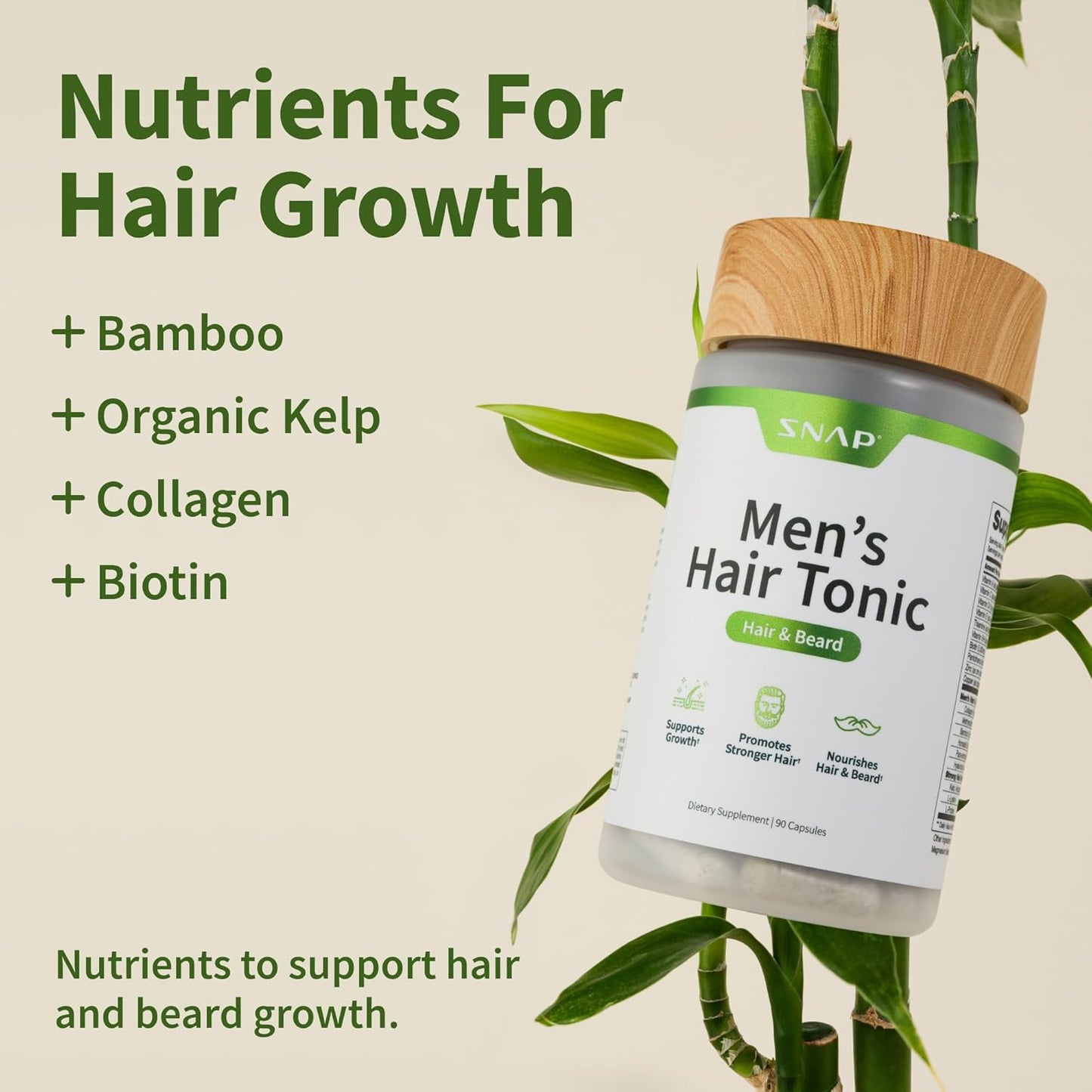Snap Supplements Hair Growth Supplement for Men, Promotes Hair Regrowth and Fuller Beard, Hair Growth Vitamins for Men, Biotin, Kelp, Bamboo, 90 Capsules