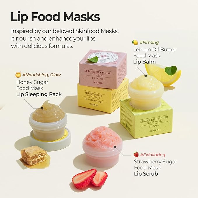 SKINFOOD Strawberry Sugar Lip Scrub Mask, Exfoliating Lip Care, Hydrating Korean Lip Product for Soft & Smooth Lips, Deep Nourishment Mild Sugar Scrub Vegan (0.71 fl. Oz.)