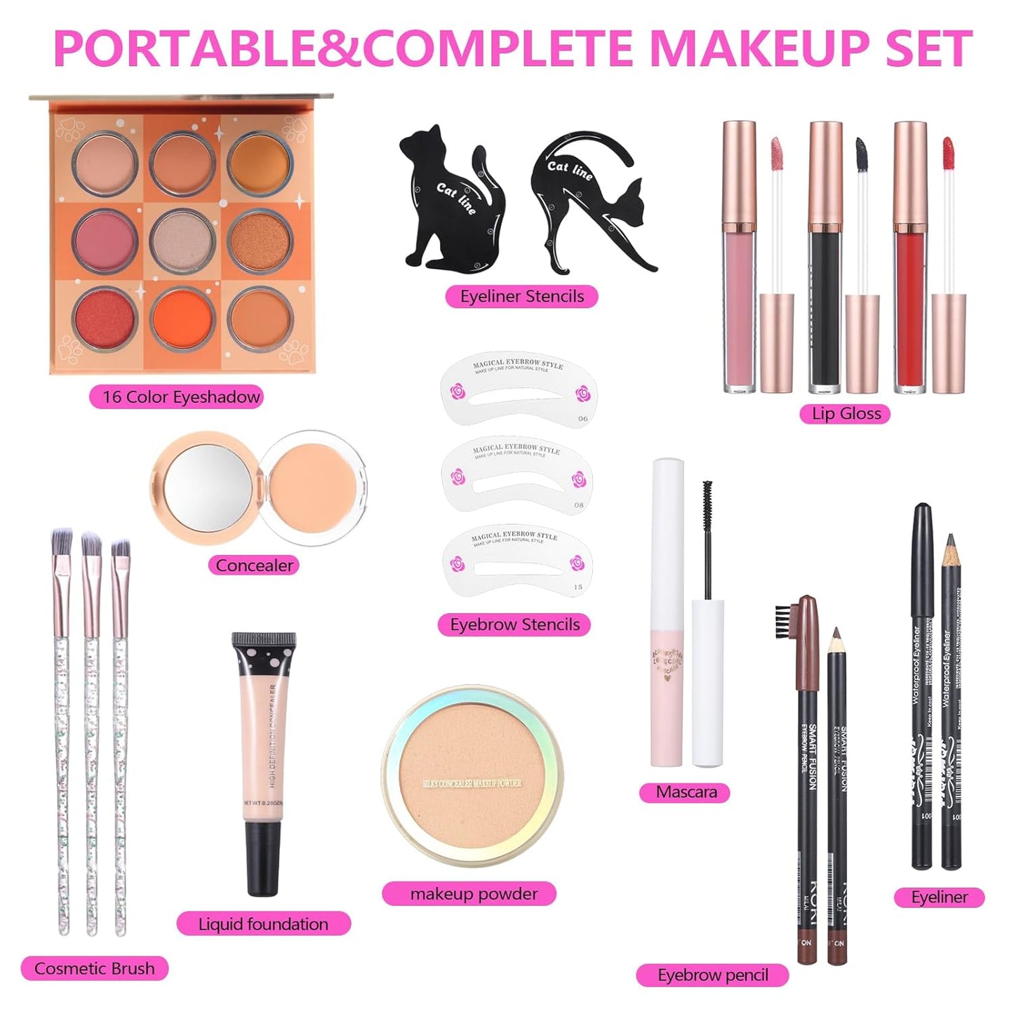 Makeup Kit Set For Teens, Make Up Gift For Women,Includes Eyeshadow Palette, Lip Gloss, Mascara, Eyeliner, Foundation, Concealer, Brushes Set (kit093)