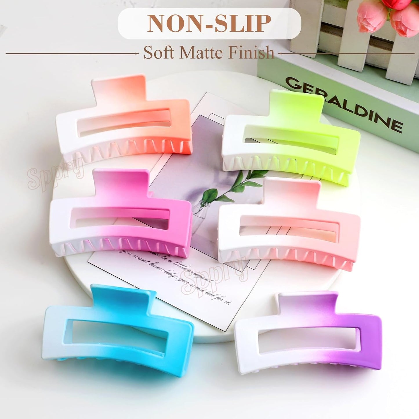 Medium Rectangle Matte Claw Clips for Women Thin Hair, Gradient Color, Set of 3 (Light Pink, Purple & Green)